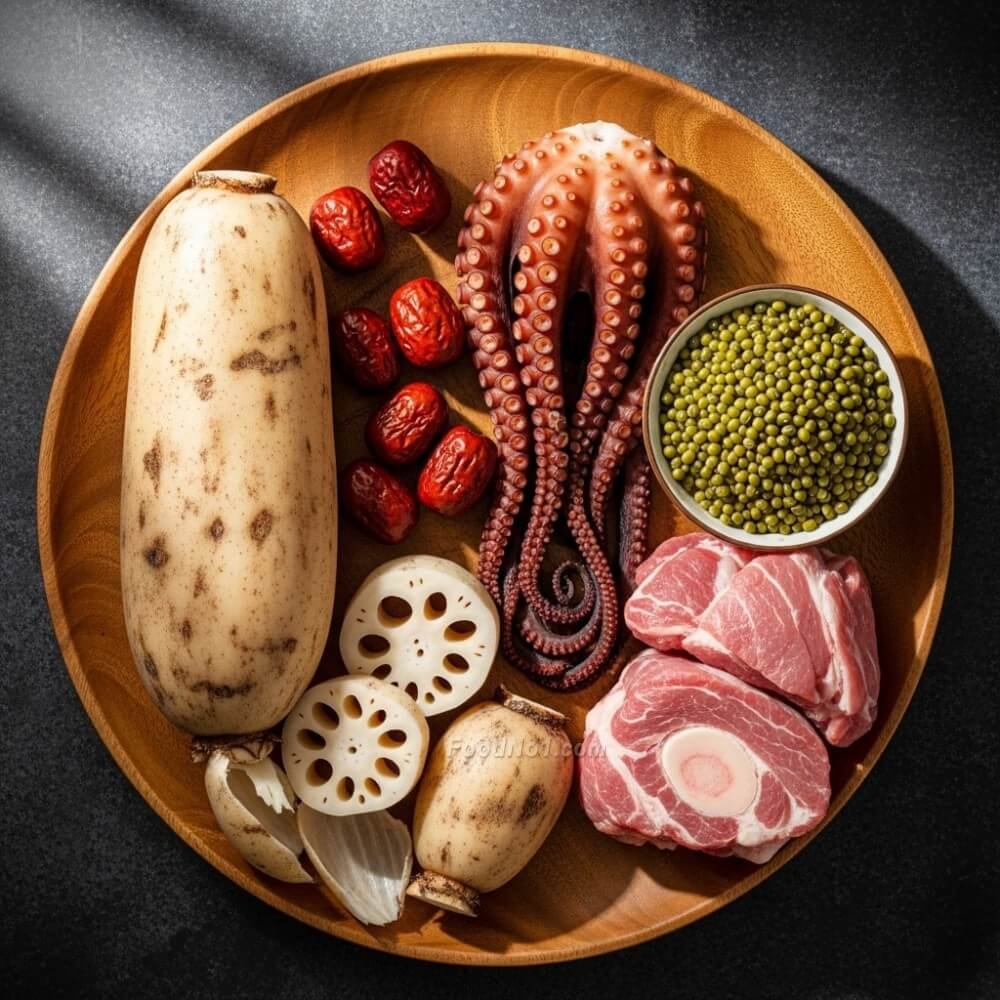 蓮藕章魚綠豆湯-材料-蓮藕節、章魚乾、綠豆，與其他藥材和豬𦟌肉